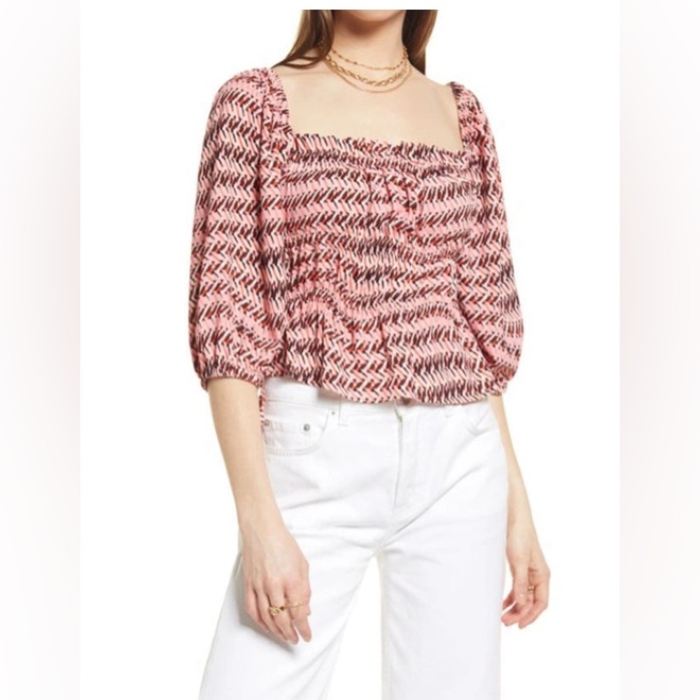 Open Edit Shirring Detail Square Neck Top In Pink Peony Wave Geo Size S NWOT